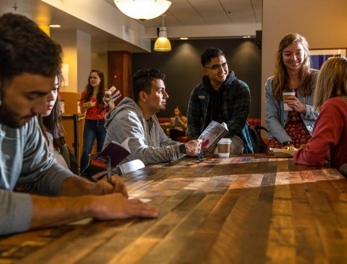 Students in a cafe on Saint Mary's College Campus talking